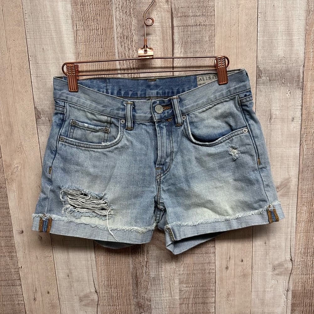 All Saints Boys Fit Light Blue Distressed Denim Shorts